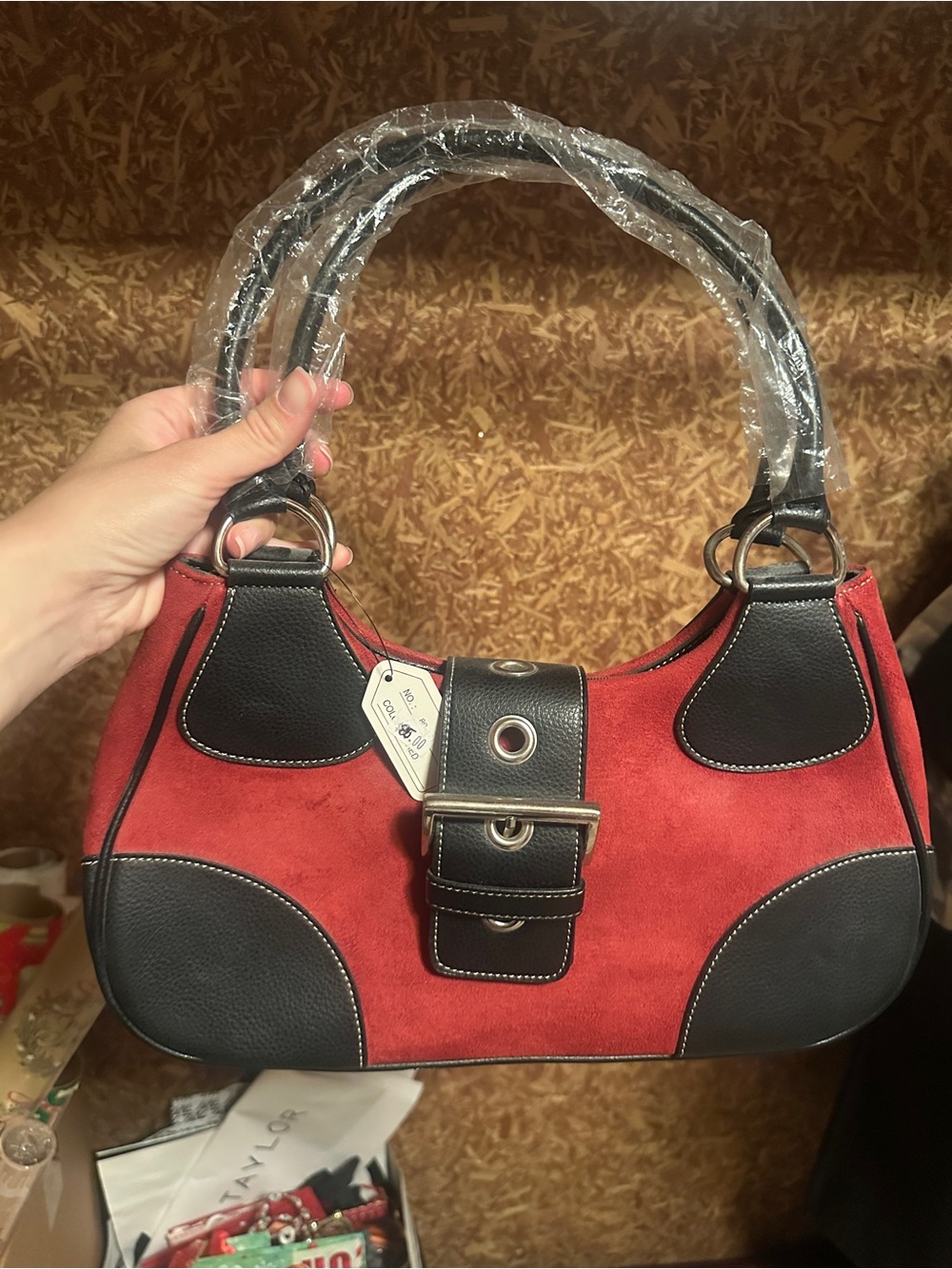 Red Suede Shoulder Bag with Black Leather Accents